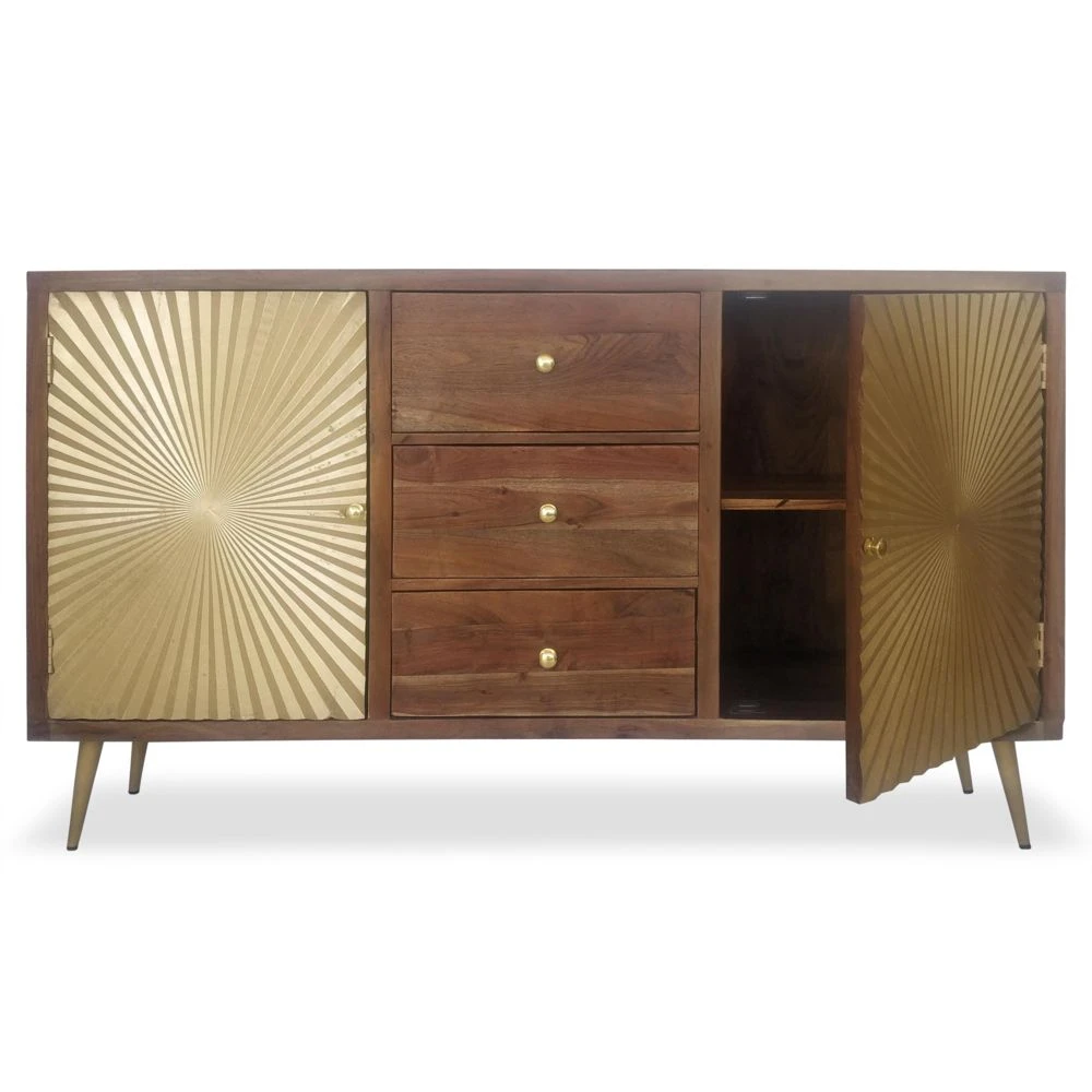 MENZZO Buffet 2 Portes Et 3 Tiroirs Solaris Bois Et Or – Image 3