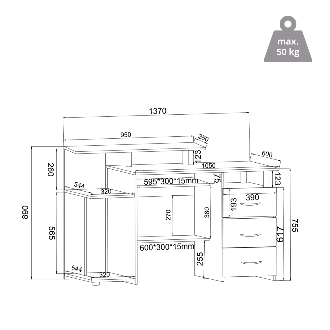 Hjh OFFICE Table D'ordinateur / Bureau WORKSPACE H IV 137 X 60 Cm Avec Caisson No... – Image 4