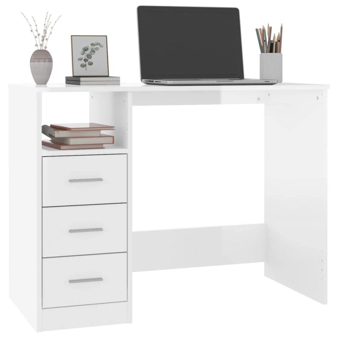 VidaXL Bureau Et Tiroirs Blanc Brillant 102x50x76 Cm Bois D'ingénieri... – Image 3